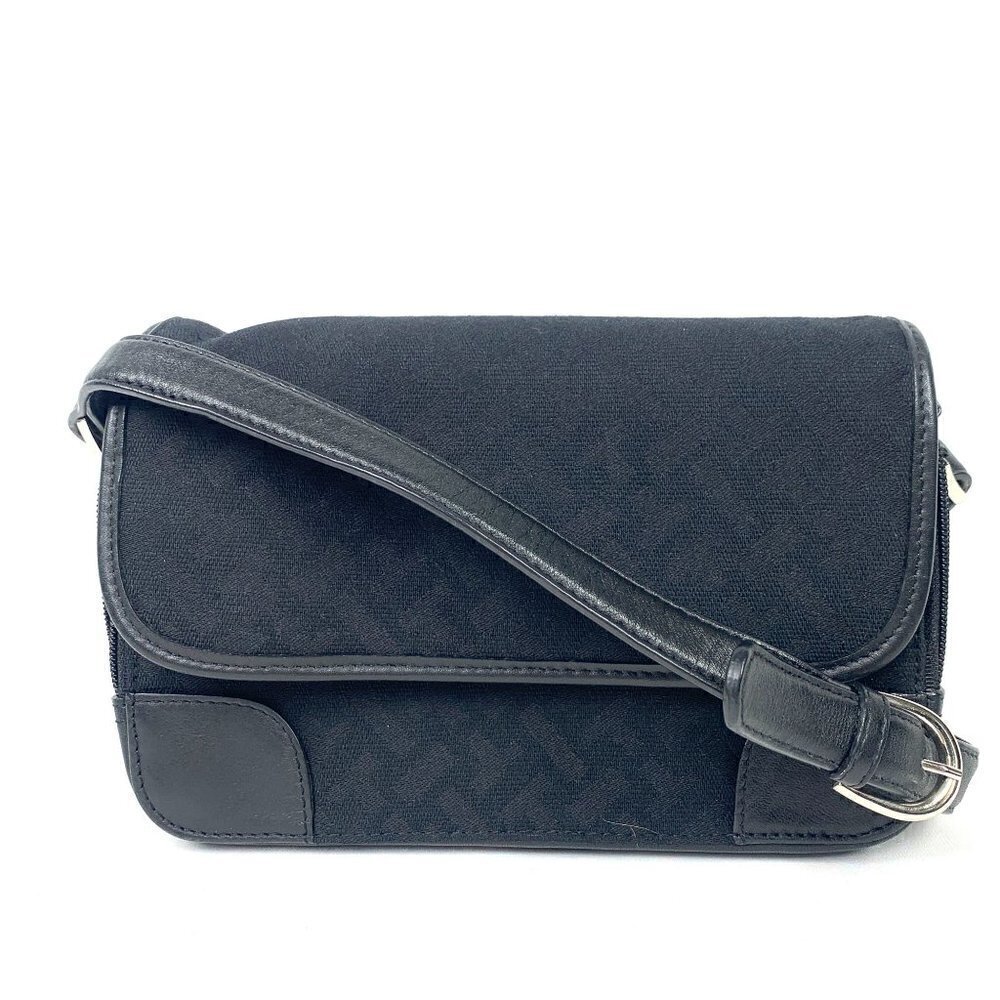Talbots Multi Compartment Leather Trim Canvas Compact Shoulder Bag 9"Wx6"Hx3"D